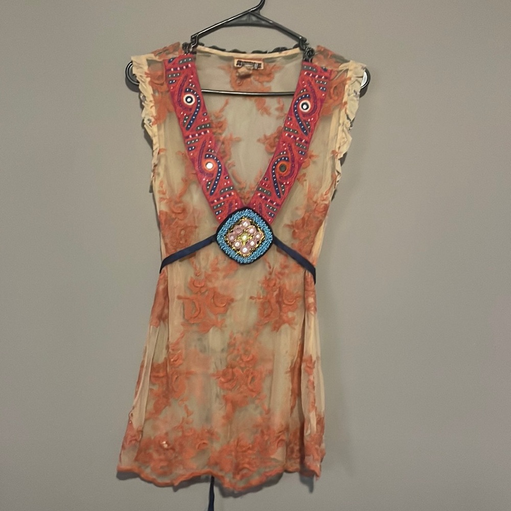 Free People Sheer Cream Top with Coral Embroidery and Blue Beaded Accents